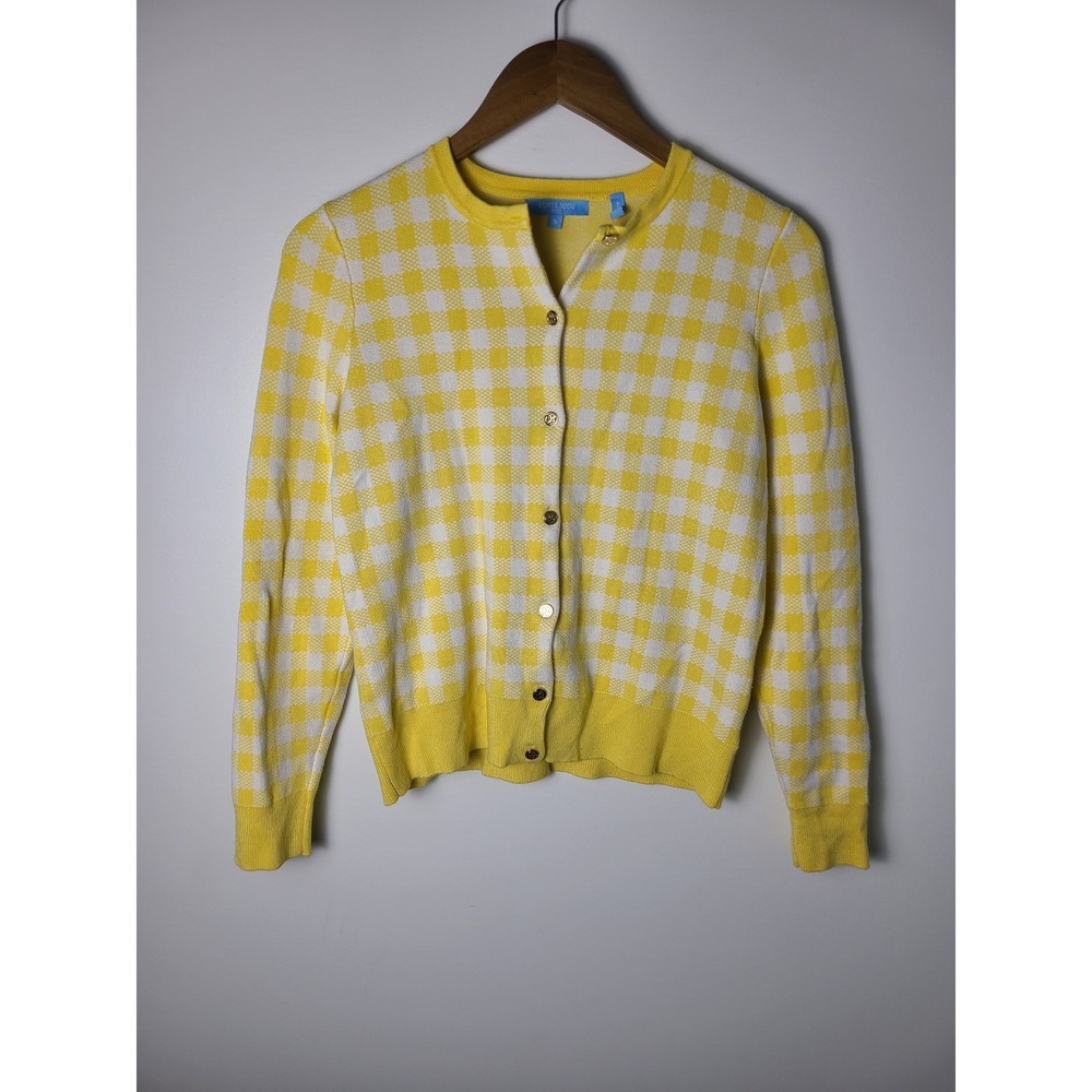 Draper James RSVP Wm Sm Yellow Gingham Button Cardigan Sweater Cottage Spring